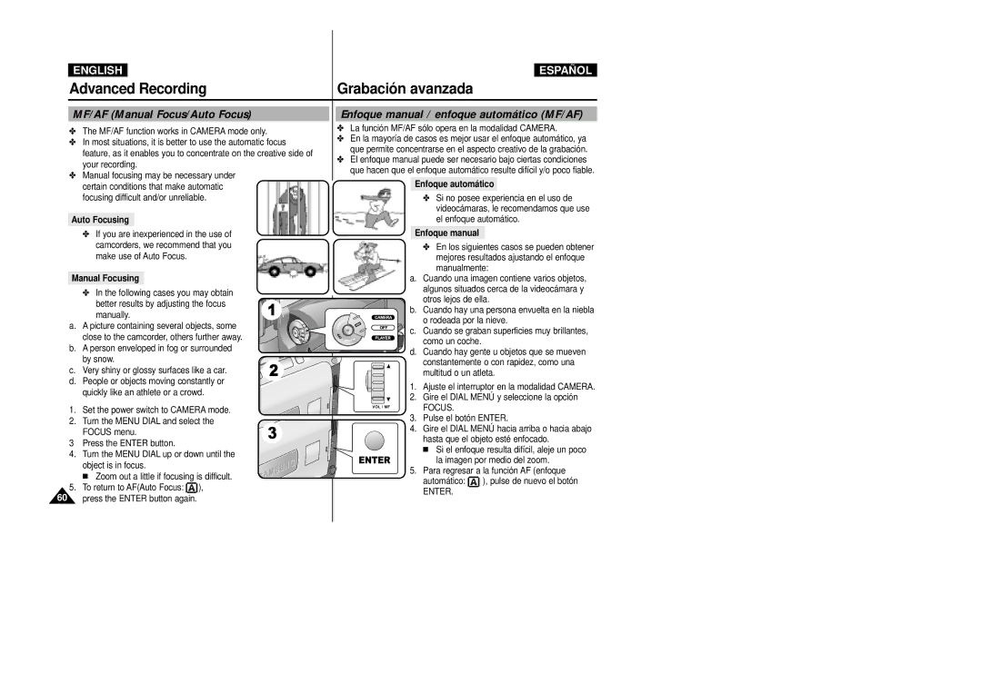 Samsung VP-D20i/D21i Advanced Recording, MF/AF Manual Focus/Auto Focus, Enfoque manual / enfoque automático MF/AF 