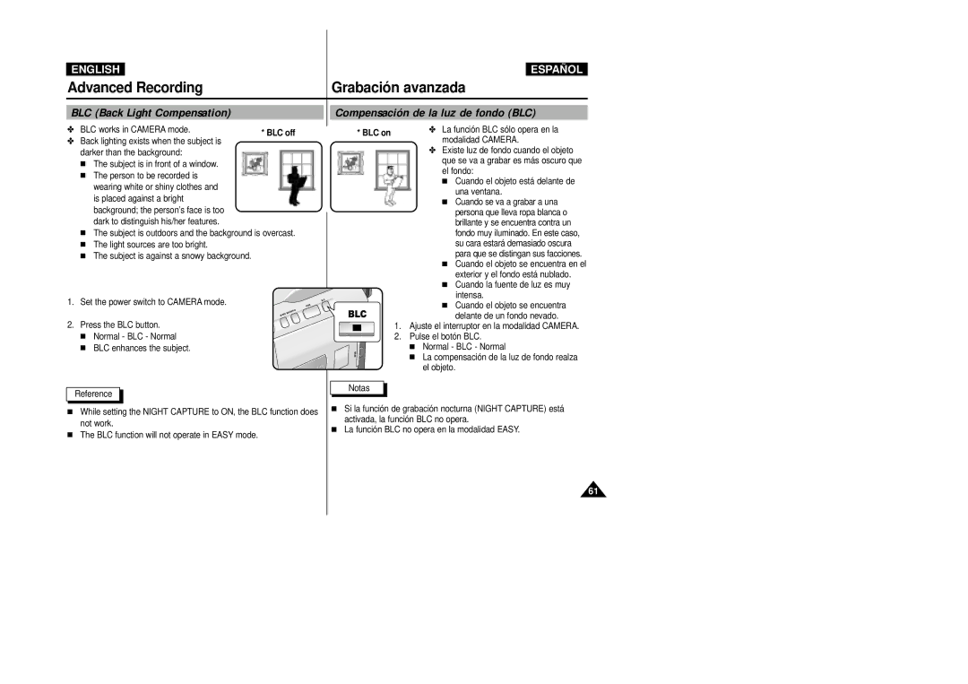 Samsung VP-D20/D21, VP-D20i/D21i manual BLC Back Light Compensation, Compensación de la luz de fondo BLC, BLC on 