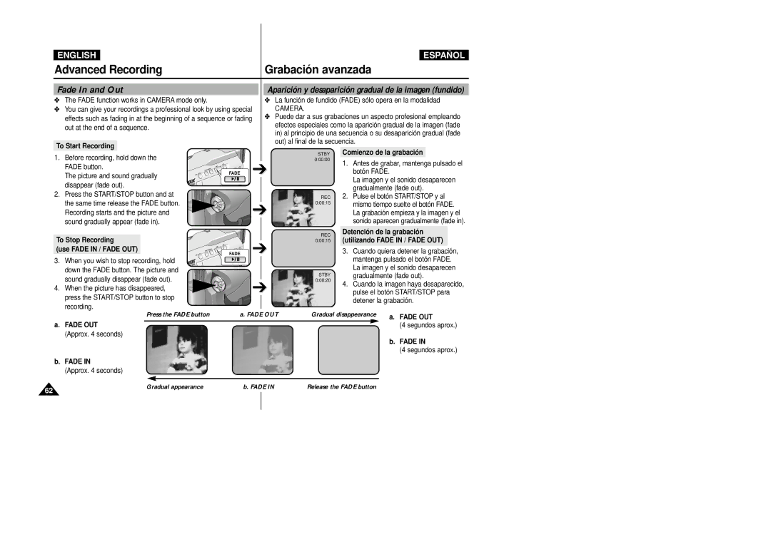 Samsung VP-D20i/D21i, VP-D20/D21 manual Advanced Recording Grabación avanzada, Fade In and Out 