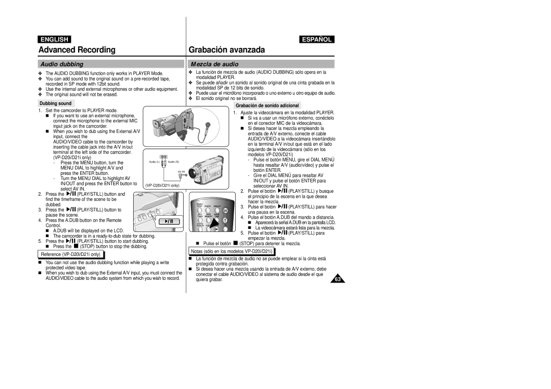 Samsung VP-D20/D21, VP-D20i/D21i manual Audio dubbing, Mezcla de audio 