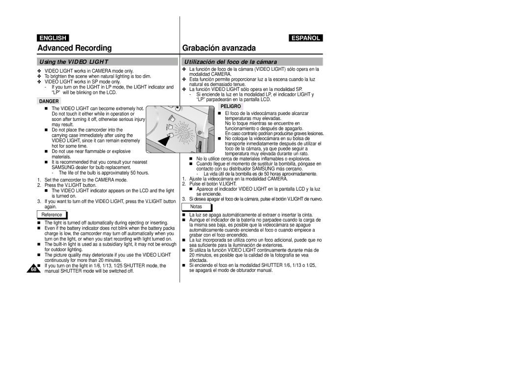 Samsung VP-D20i/D21i, VP-D20/D21 manual Using the Video Light Utilización del foco de la cámara, Peligro 