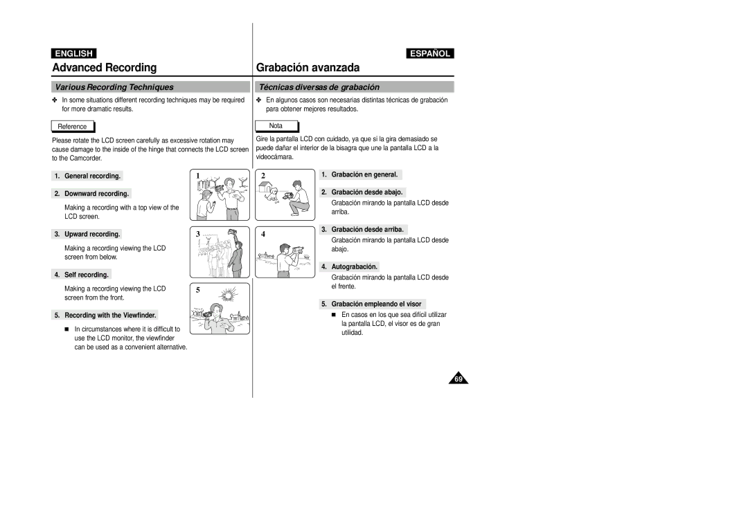 Samsung VP-D20/D21, VP-D20i/D21i manual Various Recording Techniques, Técnicas diversas de grabación 