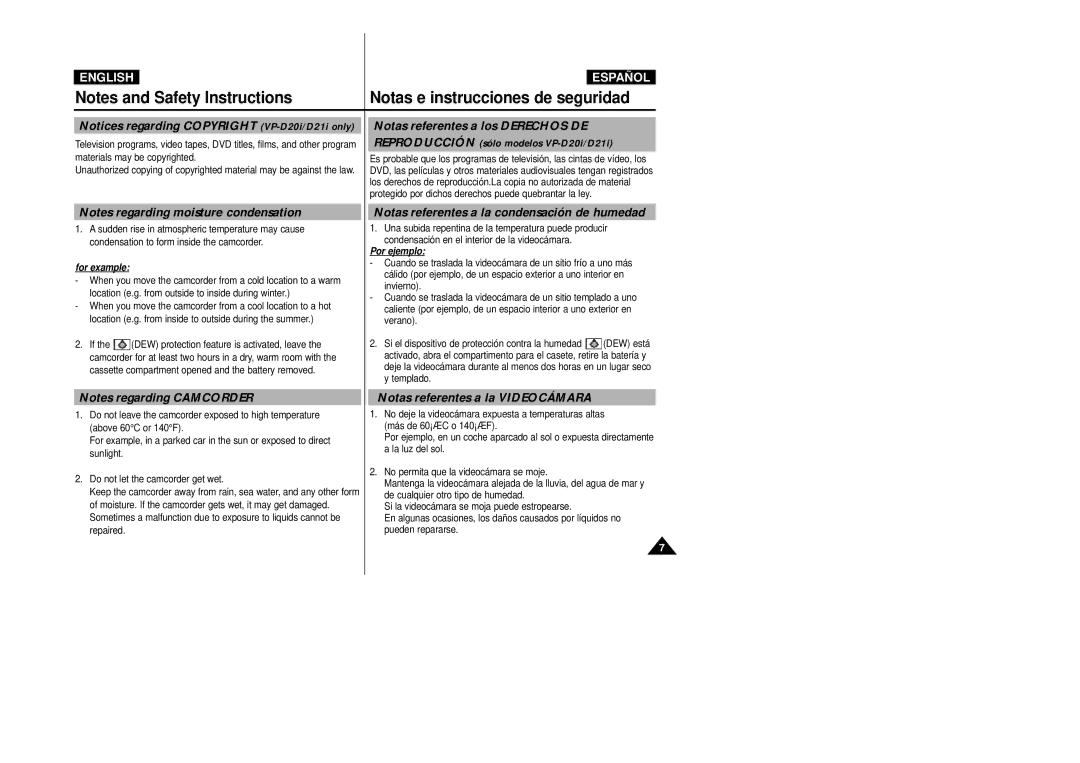 Samsung VP-D20/D21, VP-D20i/D21i manual Notas referentes a los Derechos DE, Notas referentes a la condensación de humedad 