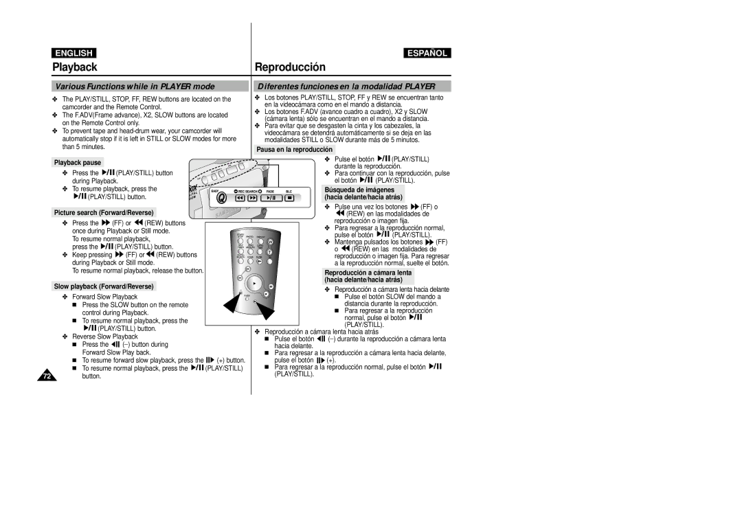 Samsung VP-D20i/D21i, VP-D20/D21 manual Various Functions while in Player mode, Diferentes funciones en la modalidad Player 