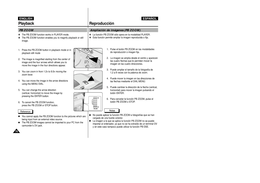 Samsung VP-D20i/D21i, VP-D20/D21 manual Ampliación de imágenes PB Zoom 