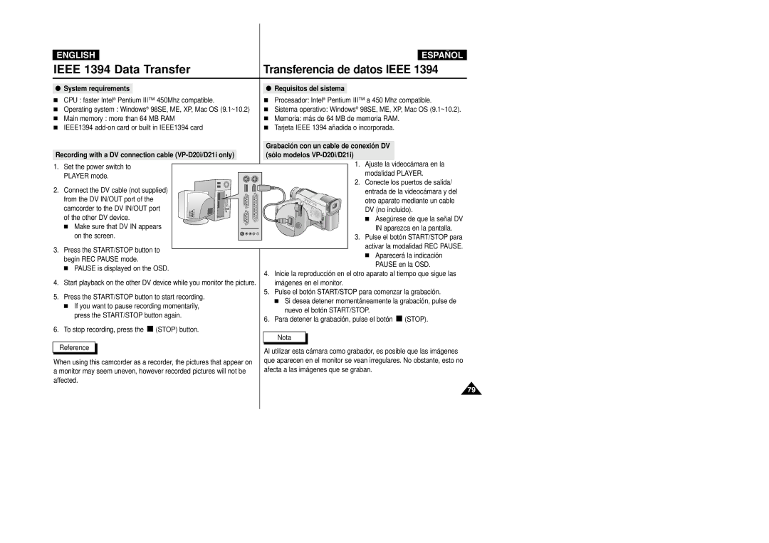 Samsung VP-D20/D21 manual System requirements, CPU faster Intel Pentium III 450Mhz compatible, Requisitos del sistema 