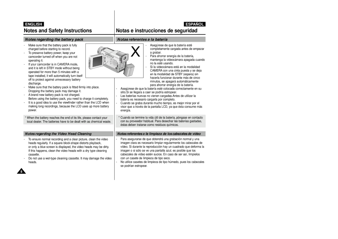 Samsung VP-D20i/D21i, VP-D20/D21 Notas referentes a la batería, Notas referentes a la limpieza de los cabezales de vídeo 