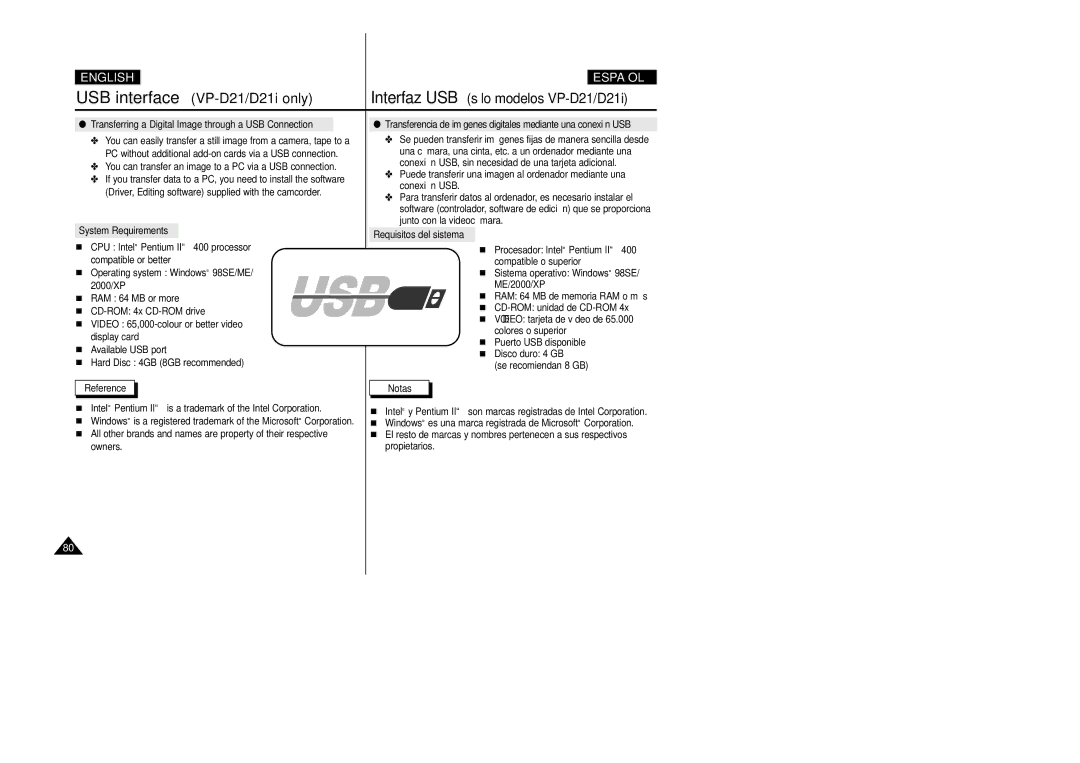 Samsung VP-D20i/D21i, VP-D20/D21 USB interface VP-D21/D21i only, You can transfer an image to a PC via a USB connection 