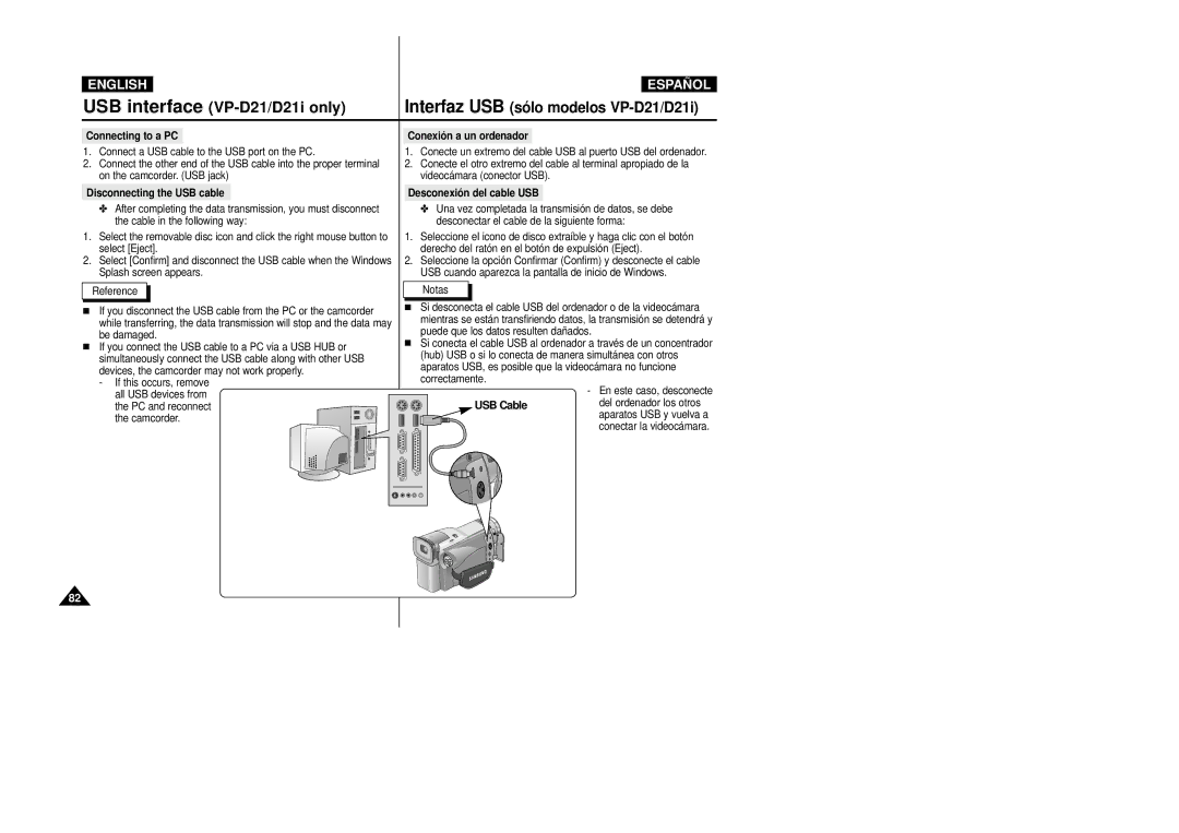 Samsung VP-D20i/D21i, VP-D20/D21 manual Disconnecting the USB cable Conexión a un ordenador, Desconexión del cable USB 