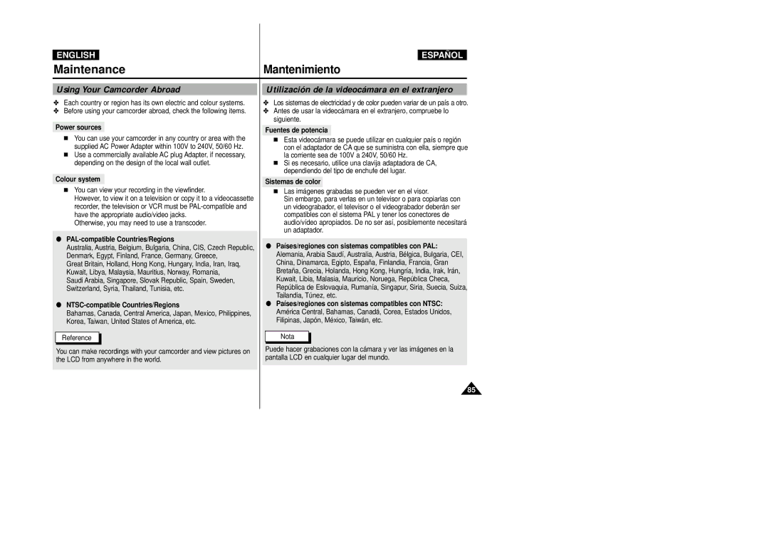 Samsung VP-D20/D21, VP-D20i/D21i manual Using Your Camcorder Abroad, Utilización de la videocámara en el extranjero 