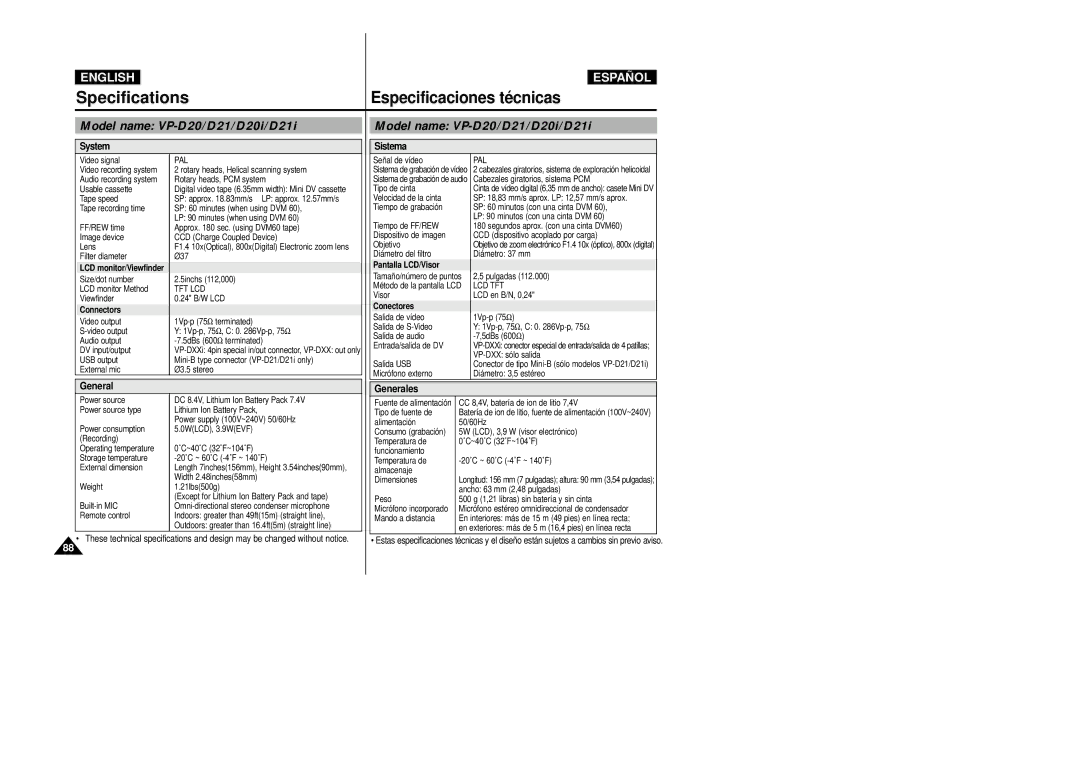 Samsung VP-D20i/D21i manual Especificaciones técnicas, Model name VP-D20/D21/D20i/D21i, System, Sistema, General Generales 