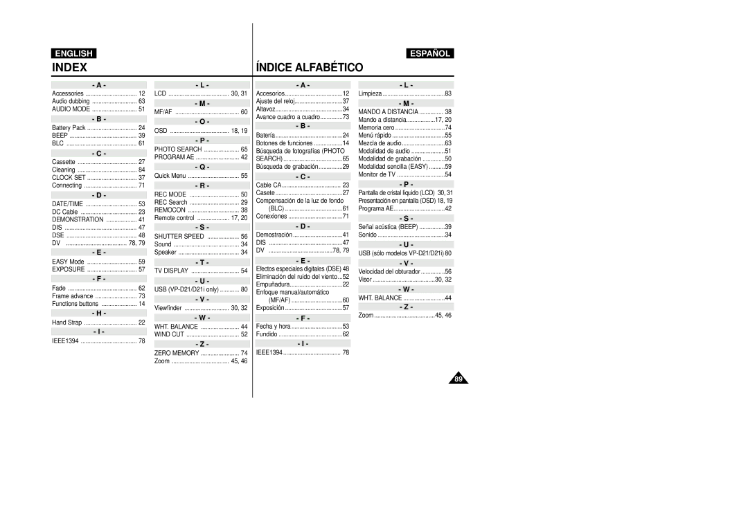 Samsung VP-D20/D21, VP-D20i/D21i manual Index 