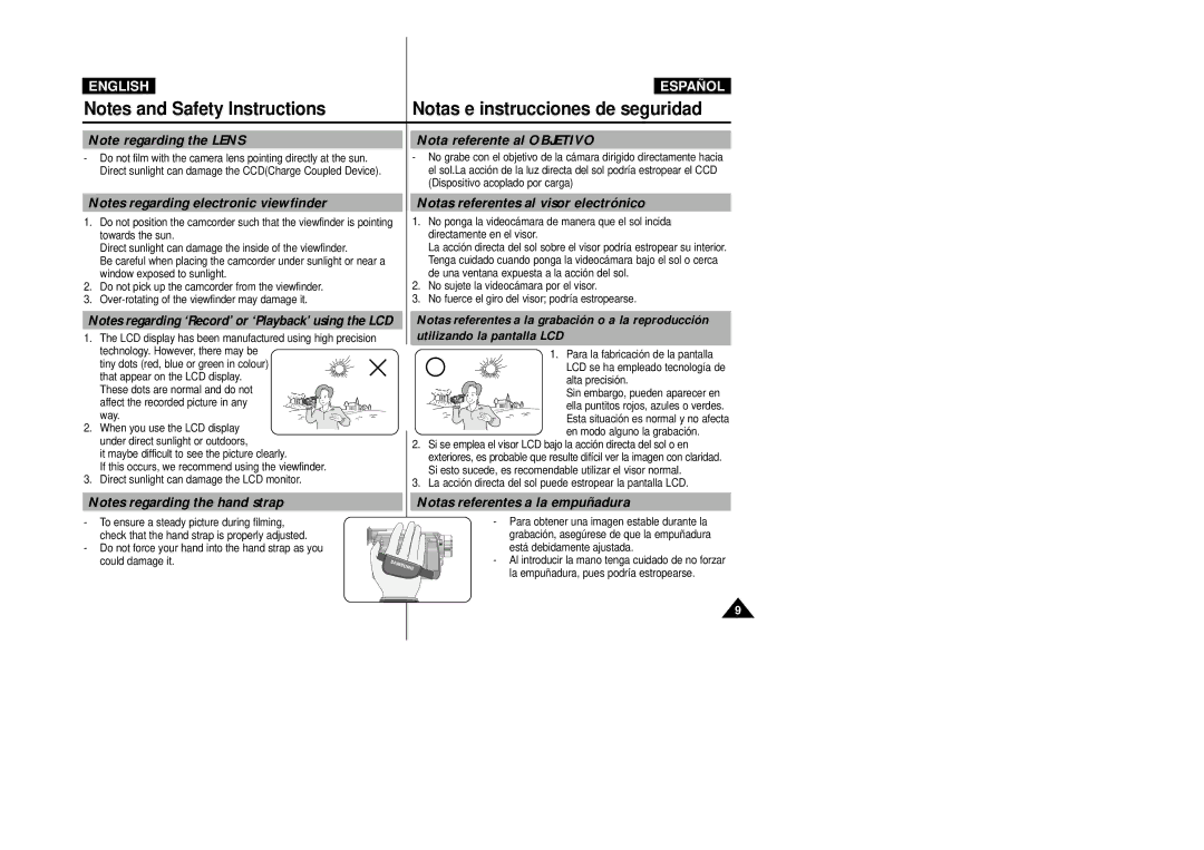 Samsung VP-D20/D21 Nota referente al Objetivo, Notas referentes al visor electrónico, Notas referentes a la empuñadura 