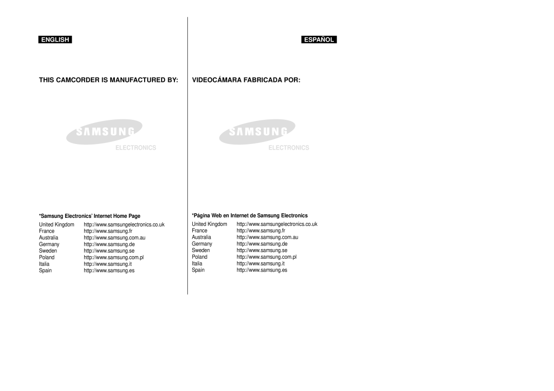 Samsung VP-D20i/D21i, VP-D20/D21 manual This Camcorder is Manufactured by Videocá Mara Fabricada POR 