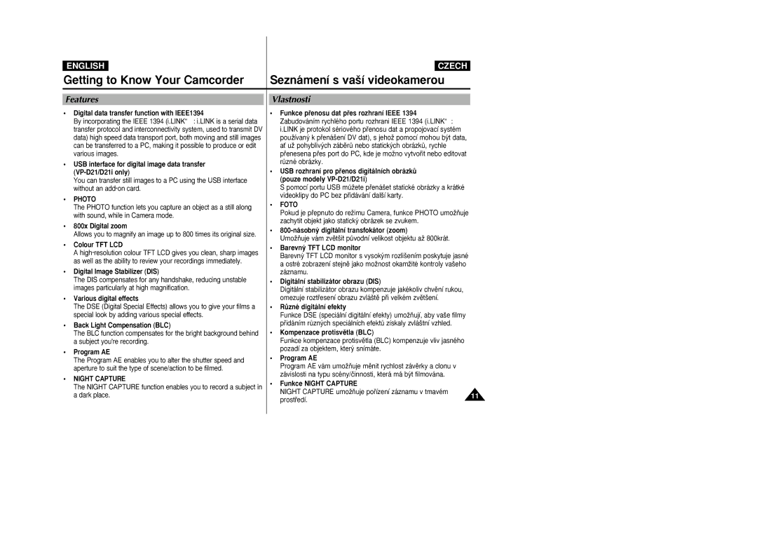 Samsung VP-D20i, VP-D21i manual Features, Vlastnosti, Photo, Night Capture, Foto 