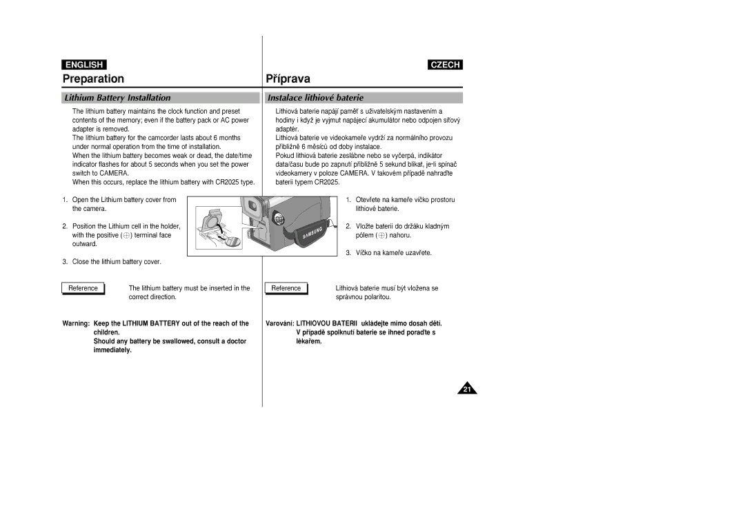 Samsung VP-D20i, VP-D21i manual Lithium Battery Installation Instalace lithiové baterie 