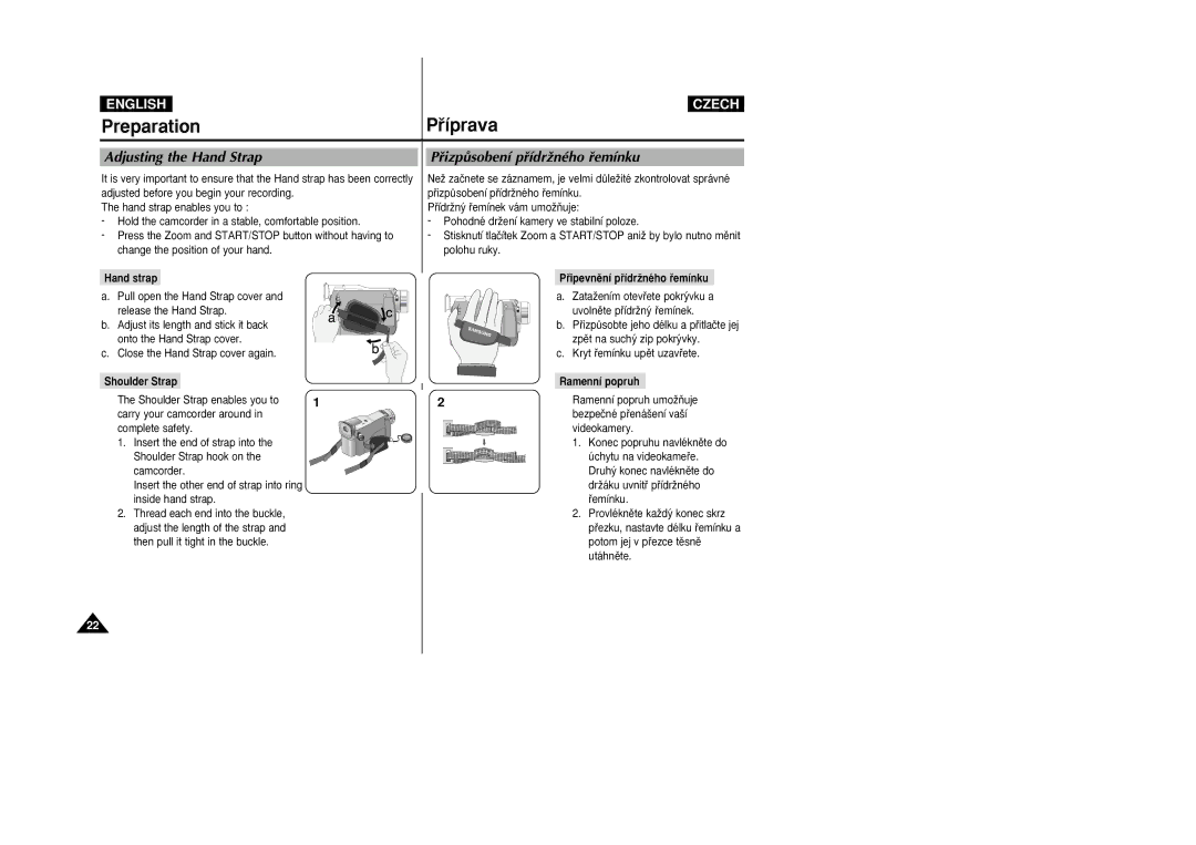 Samsung VP-D21i, VP-D20i manual Adjusting the Hand Strap, PﬁizpÛsobení pﬁídrÏného ﬁemínku, Hand strap, Ramenní popruh 