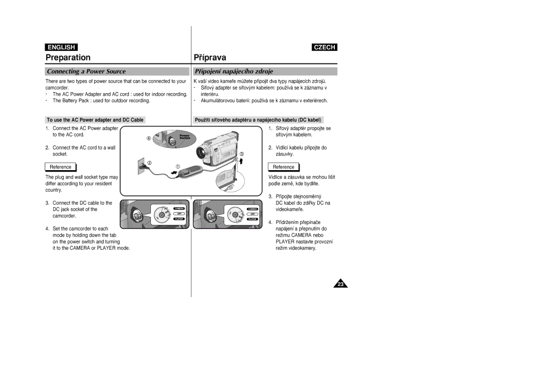 Samsung VP-D20, VP-D21 Connecting a Power Source, Pﬁipojení napájecího zdroje, To use the AC Power adapter and DC Cable 