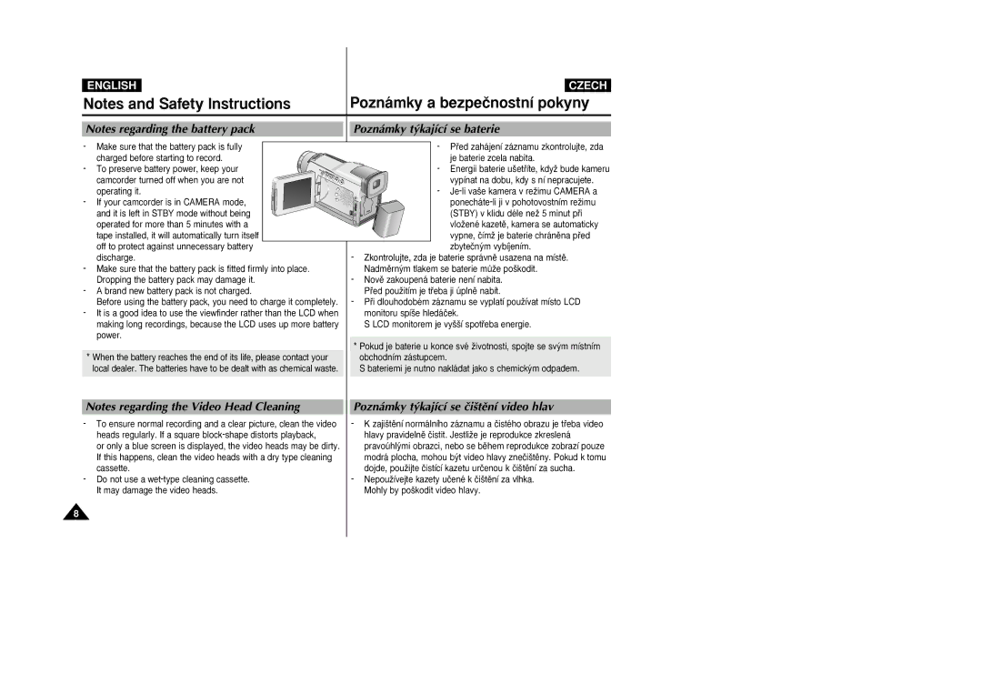 Samsung VP-D20i, VP-D21i manual Poznámky t˘kající se baterie, Poznámky t˘kající se ãi‰tûní video hlav 