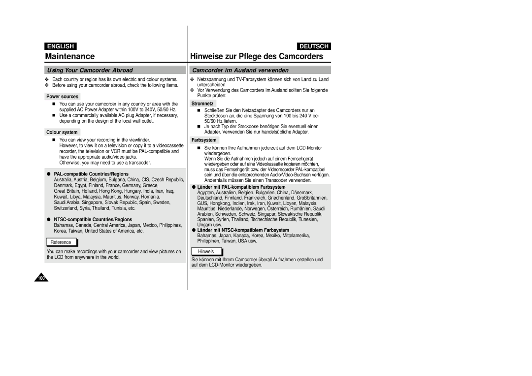 Samsung VP-D24i, VP-D23I manual Using Your Camcorder Abroad, Camcorder im Ausland verwenden 