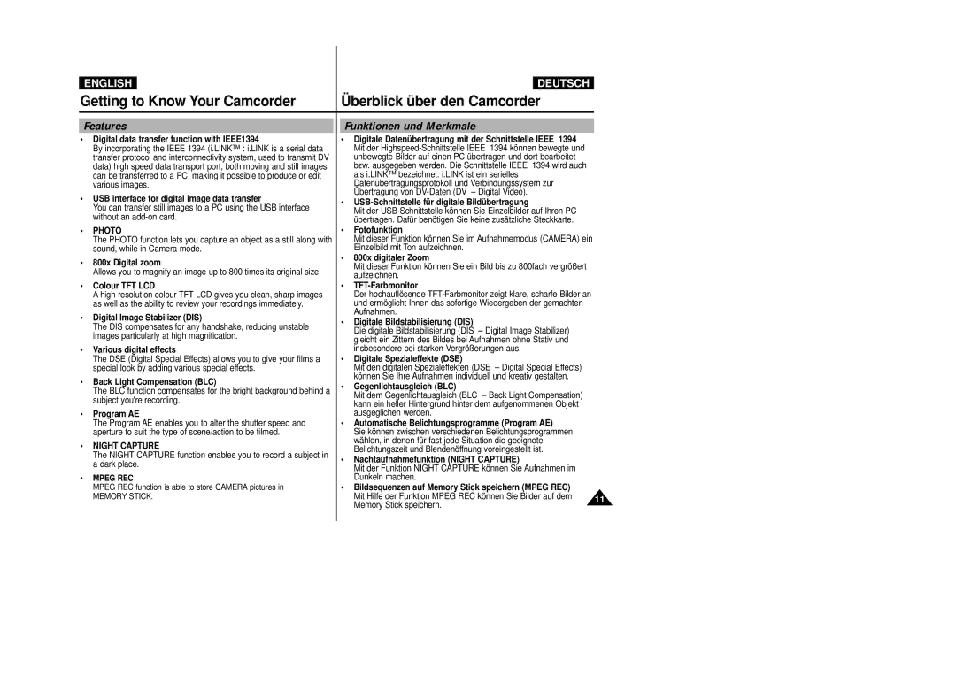 Samsung VP-D23I, VP-D24i manual Getting to Know Your Camcorder, Features, Funktionen und Merkmale, Photo, Night Capture 