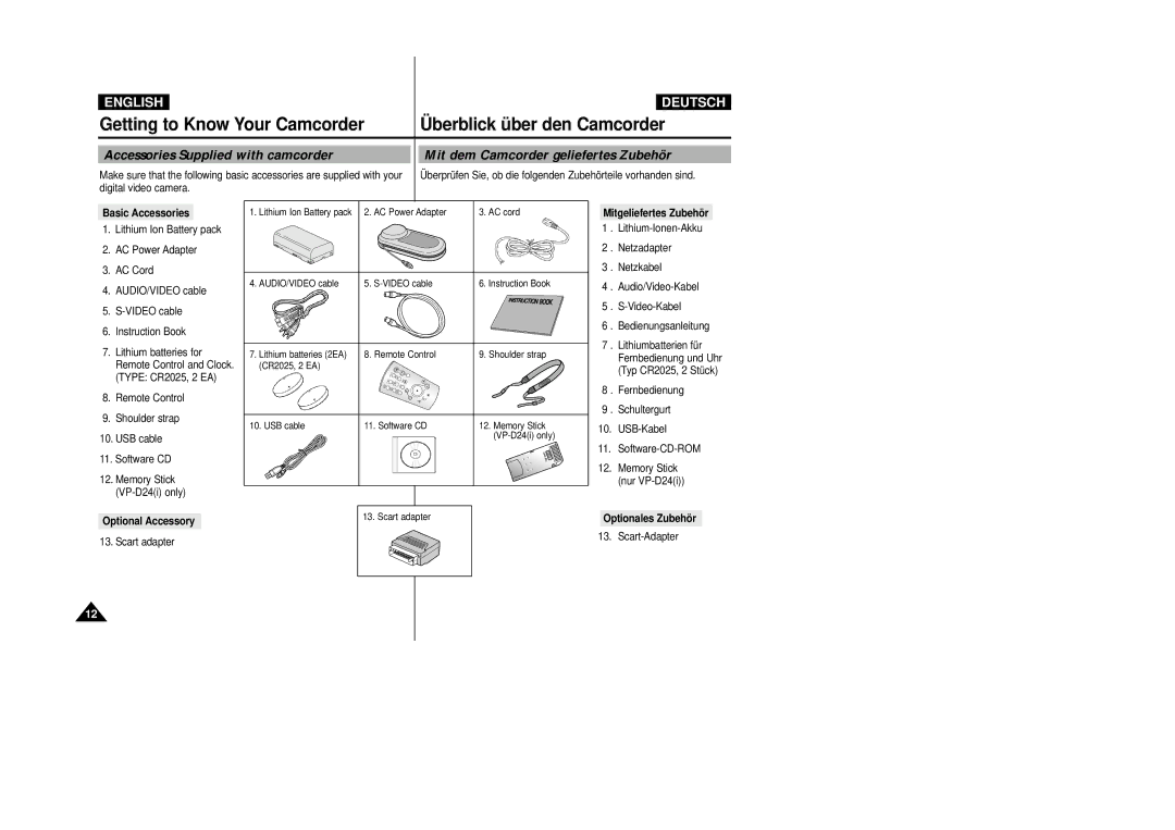 Samsung VP-D24i, VP-D23I manual Accessories Supplied with camcorder, Mit dem Camcorder geliefertes Zubehör 