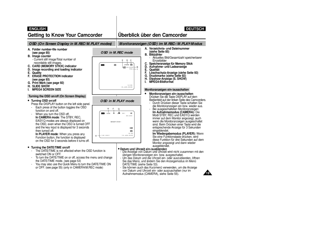 Samsung VP-D23I, VP-D24i manual OSD in M.REC mode, Slide Show, MPEG4 Screen Size 