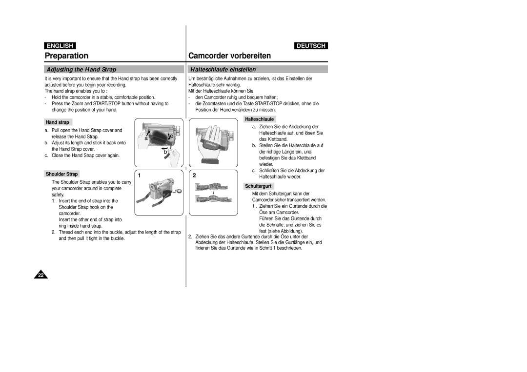 Samsung VP-D24i, VP-D23I manual Preparation, Camcorder vorbereiten, Adjusting the Hand Strap, Halteschlaufe einstellen 