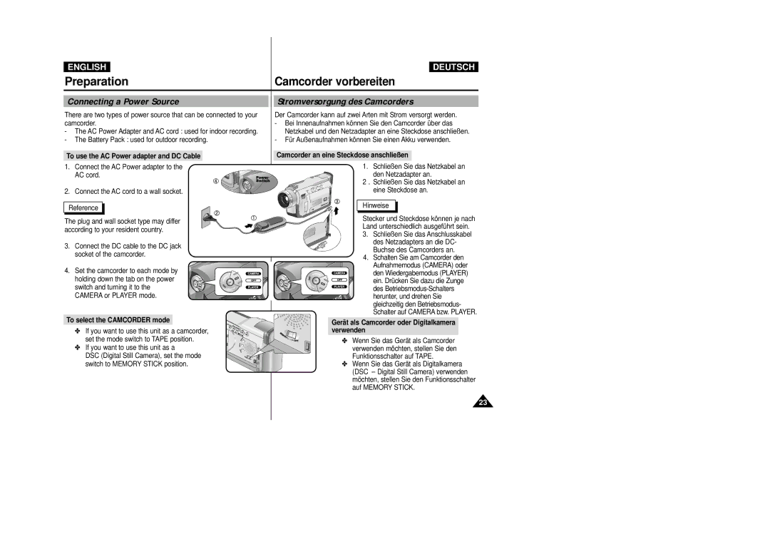 Samsung VP-D23I, VP-D24i manual Connecting a Power Source, Stromversorgung des Camcorders 