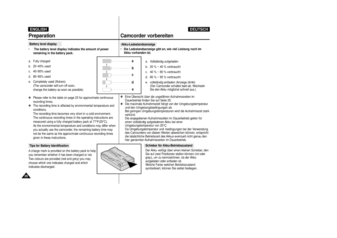 Samsung VP-D24i Preparation Camcorder vorbereiten, Tips for Battery Identification, Schieber fü r Akku-Betriebszustand 