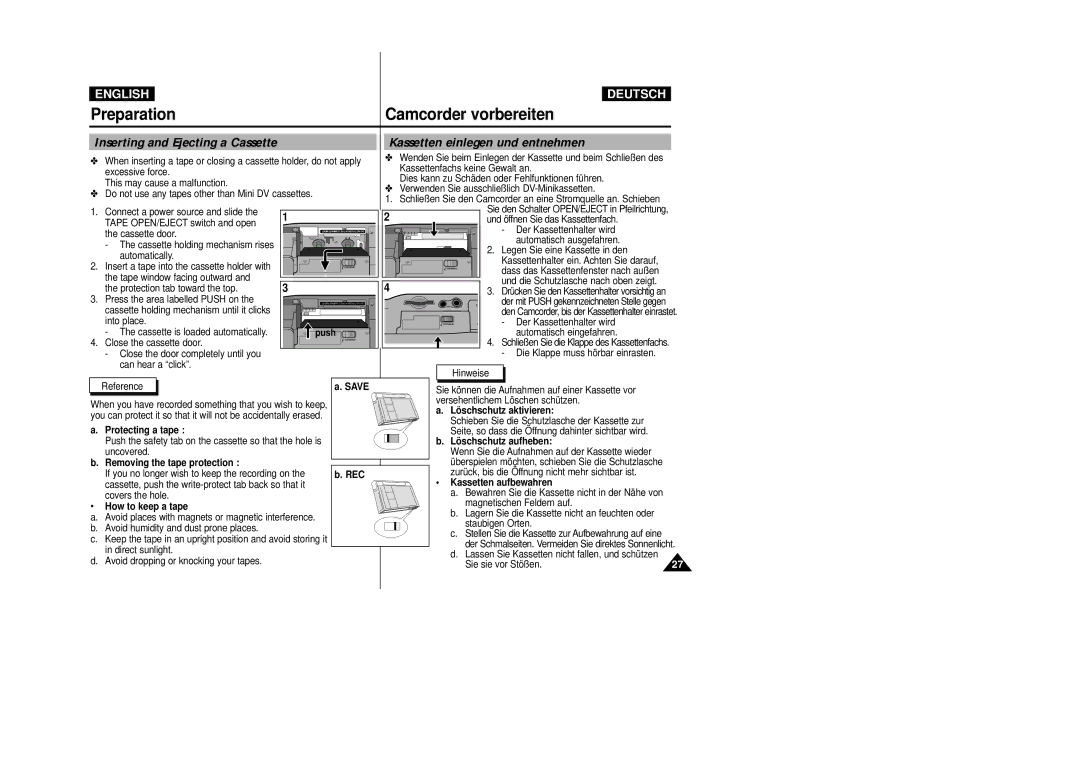 Samsung VP-D23I, VP-D24i manual Inserting and Ejecting a Cassette, Kassetten einlegen und entnehmen 