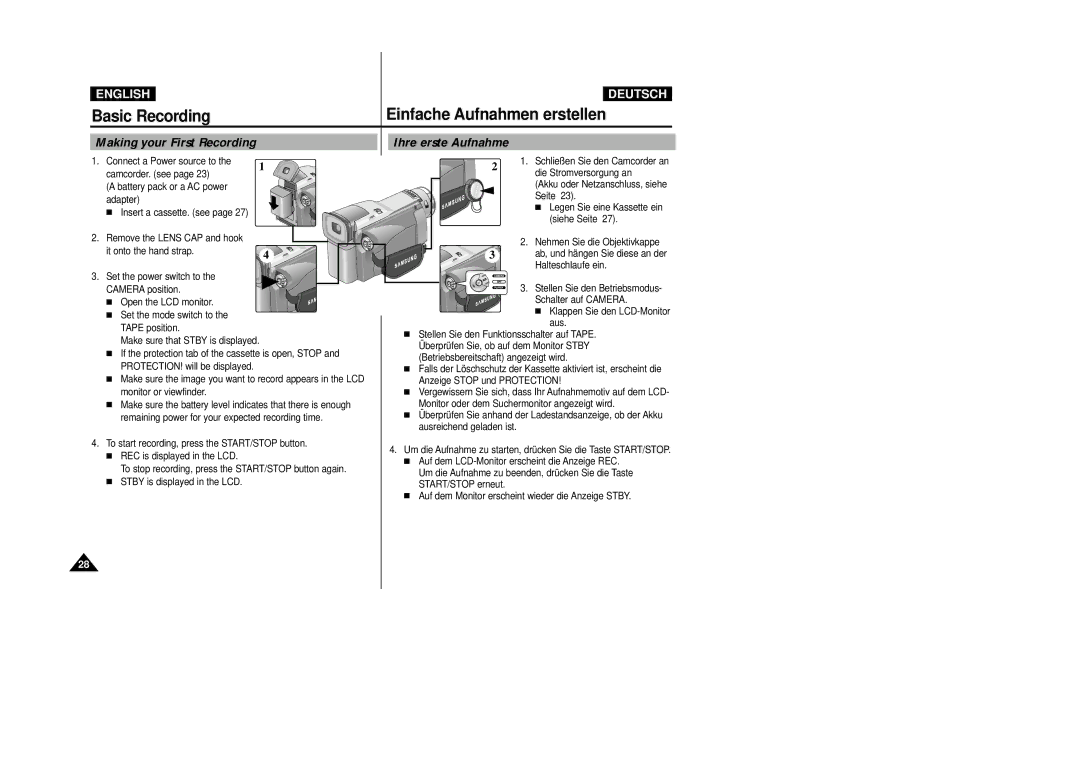 Samsung VP-D24i, VP-D23I manual Basic Recording Einfache Aufnahmen erstellen, Making your First Recording 