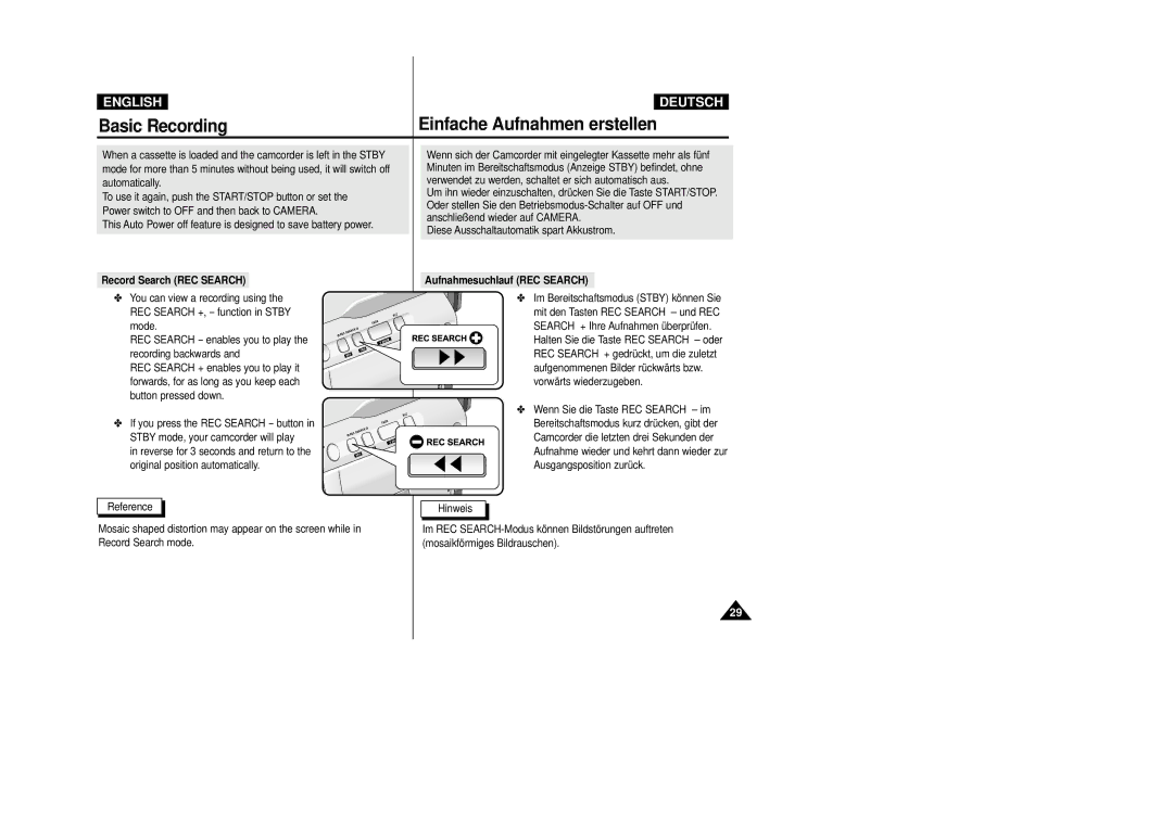 Samsung VP-D23I, VP-D24i Diese Ausschaltautomatik spart Akkustrom, Record Search REC Search, Aufnahmesuchlauf REC Search 