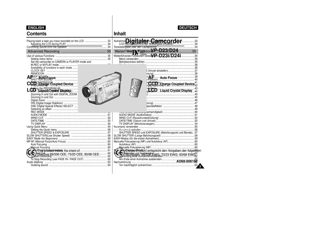 Samsung VP-D23I, VP-D24i manual Advanced Recording Weiterführende Funktionen, Set the camcorder to Camera or Player mode 