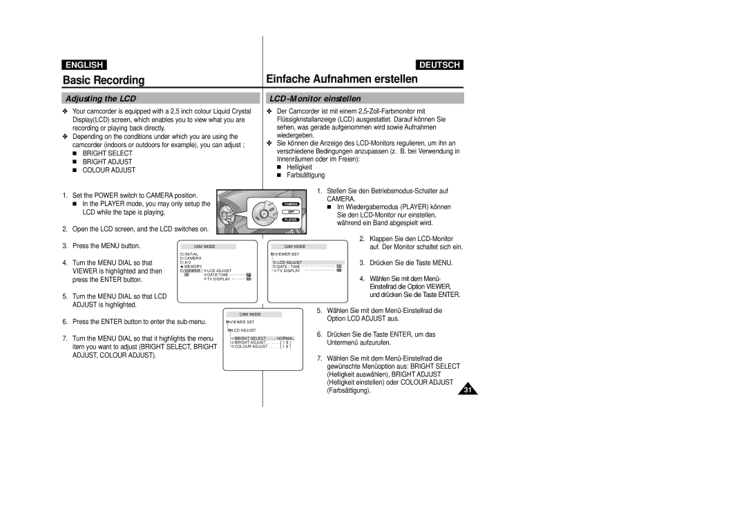 Samsung VP-D23I, VP-D24i manual Adjusting the LCD, LCD-Monitor einstellen, Bright Select Bright Adjust Colour Adjust, Camera 