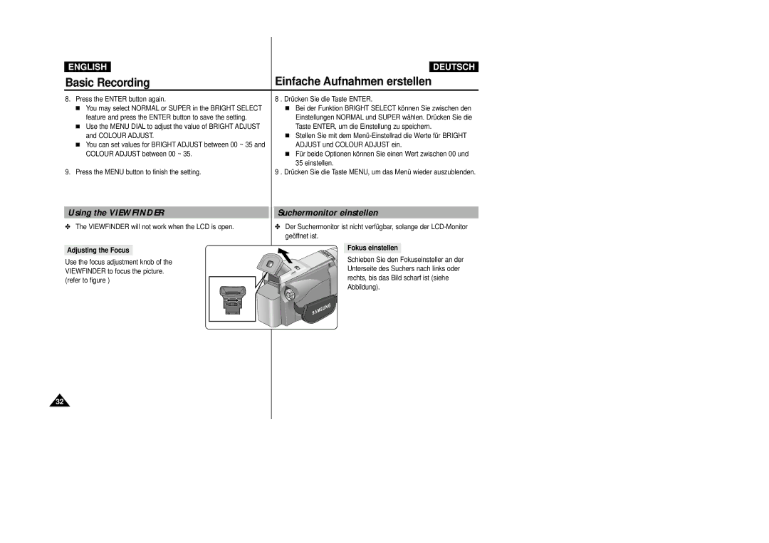 Samsung VP-D24i, VP-D23I manual Using the Viewfinder, Suchermonitor einstellen, Adjusting the Focus, Fokus einstellen 