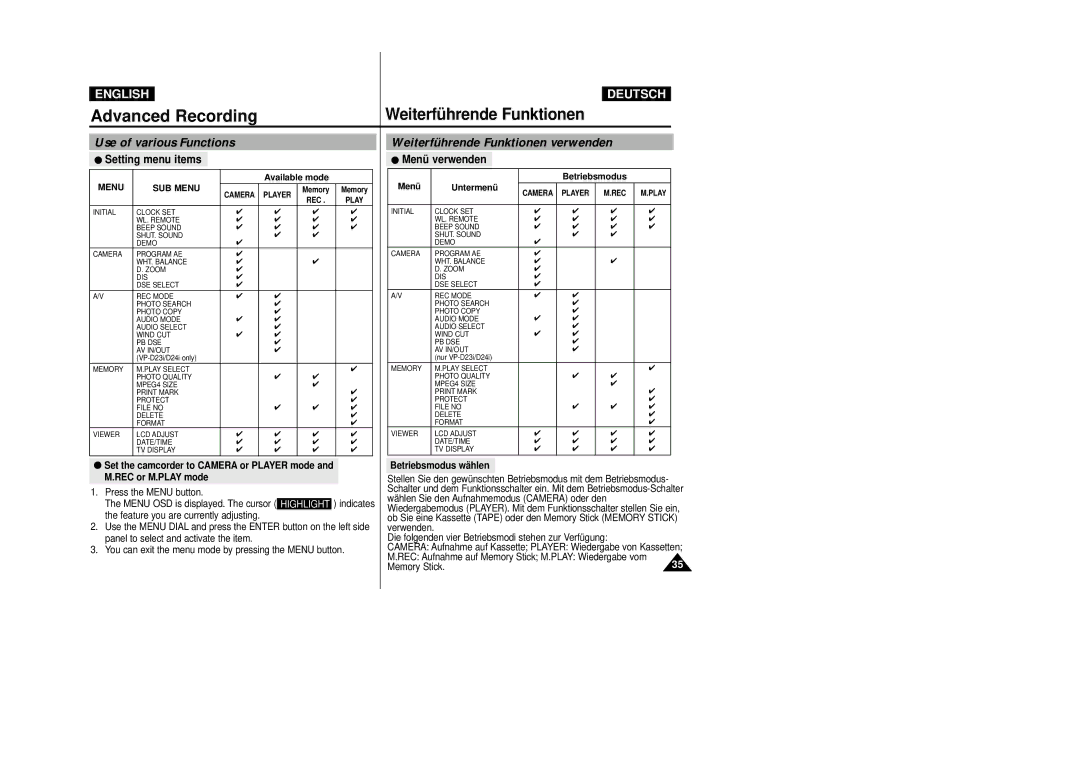 Samsung VP-D23I Advanced Recording, Use of various Functions, Weiterführende Funktionen verwenden, Betriebsmodus wählen 