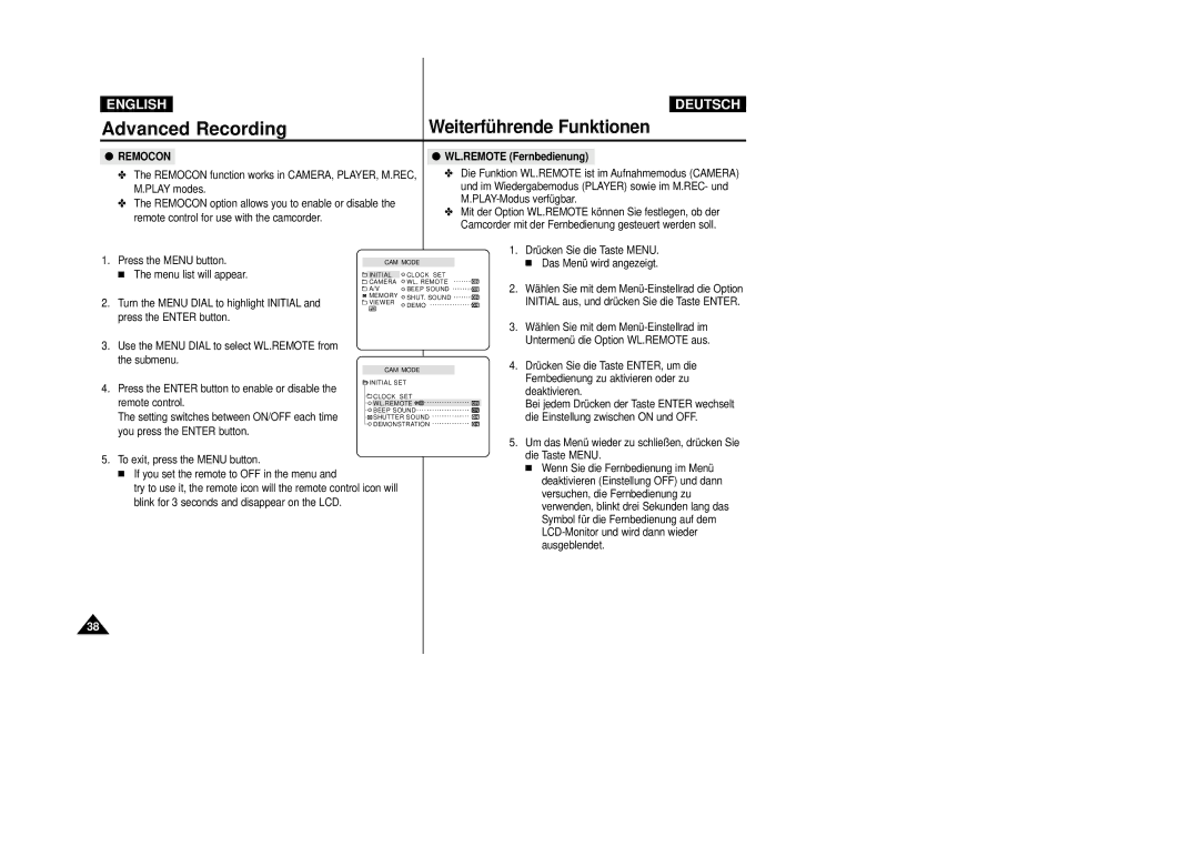 Samsung VP-D24i, VP-D23I manual WL.REMOTE Fernbedienung 