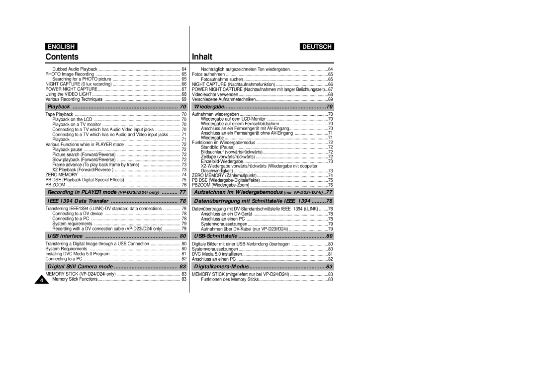 Samsung VP-D24i, VP-D23I manual Playback, Ieee 1394 Data Transfer, Wiedergabe, USB interface USB-Schnittstelle 