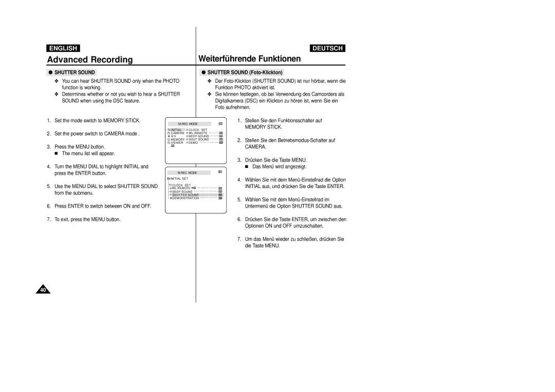 Samsung VP-D24i, VP-D23I manual Shutter Sound Foto-Klickton, Stellen Sie den Funktionsschalter auf, Memory Stick 