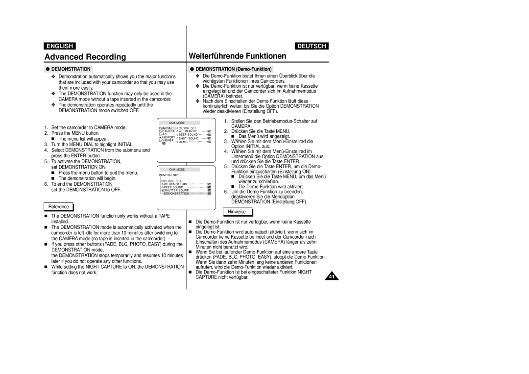 Samsung VP-D23I, VP-D24i manual Demonstration Demo-Funktion 