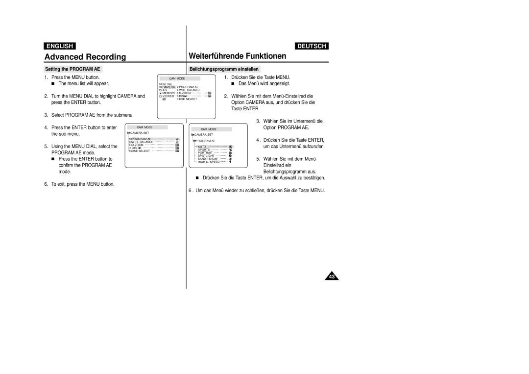 Samsung VP-D23I, VP-D24i manual Setting the Program AE Belichtungsprogramm einstellen, Option Program AE, Einstellrad ein 