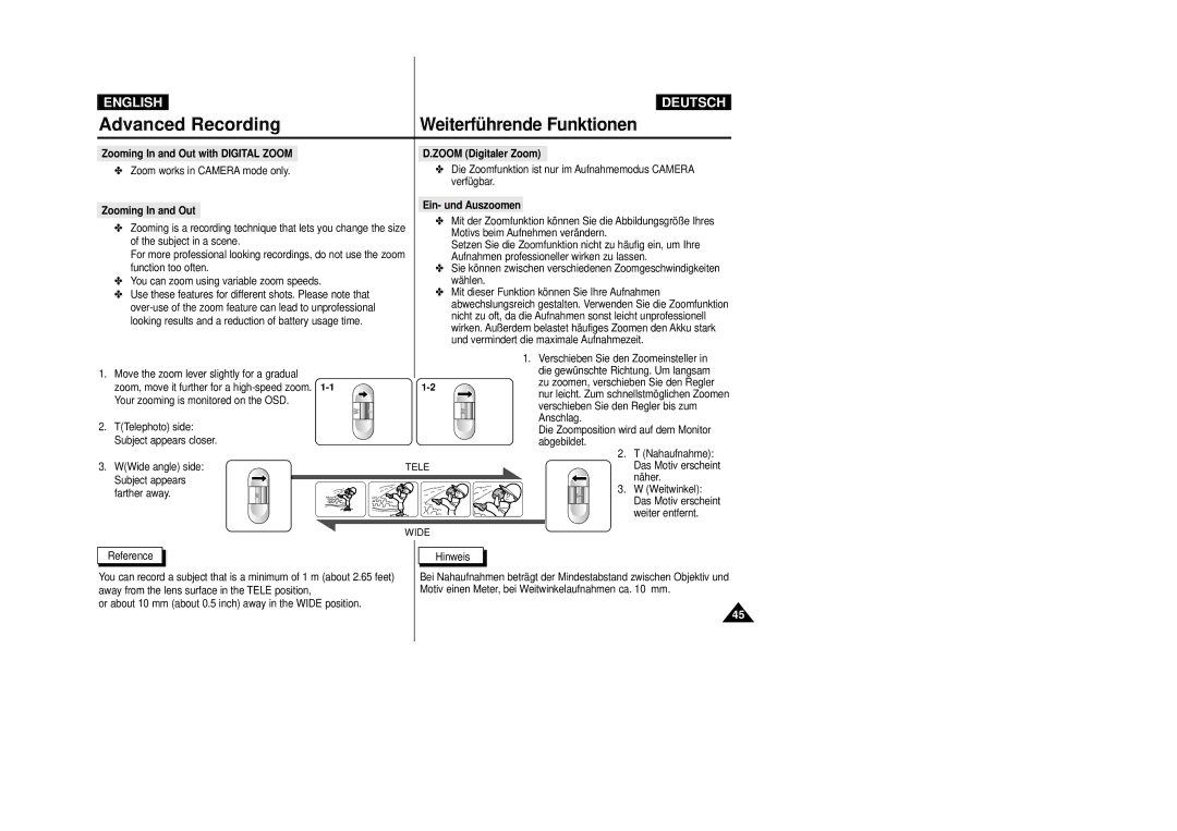 Samsung VP-D23I, VP-D24i manual Zooming In and Out with Digital Zoom, Zoom Digitaler Zoom, Ein- und Auszoomen 