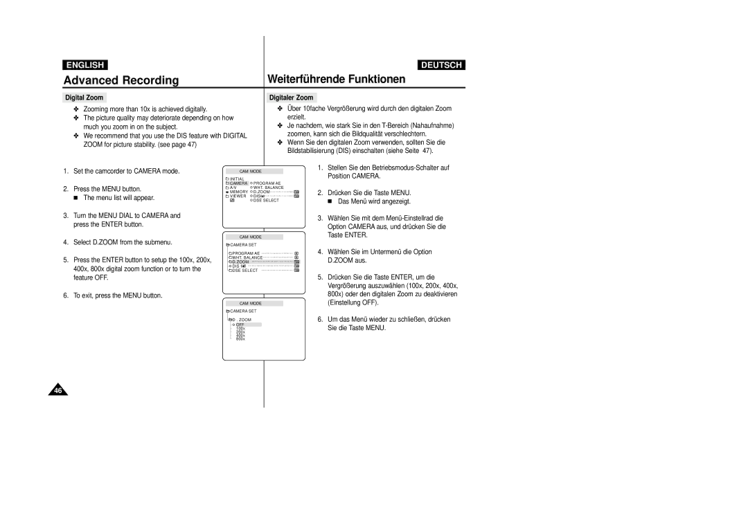 Samsung VP-D24i, VP-D23I manual Advanced Recording, Digital Zoom 