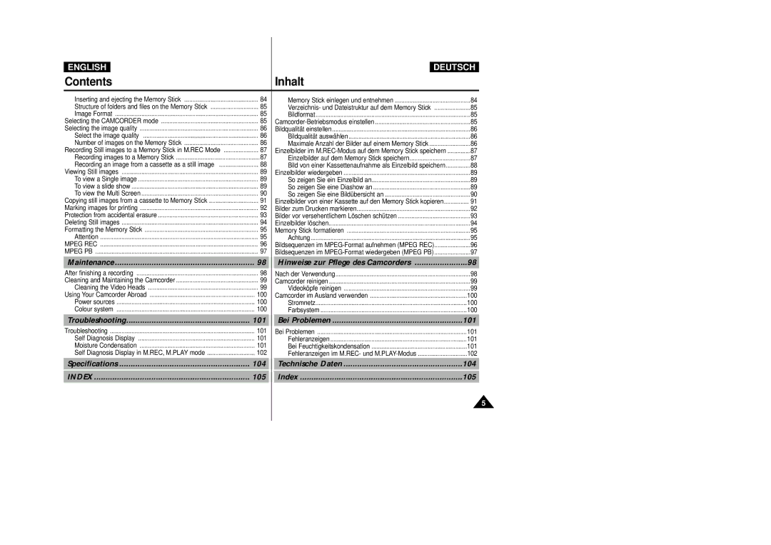 Samsung VP-D23I, VP-D24i manual Maintenance, Troubleshooting, Bei Problemen, Specifications, Technische Daten, Index 