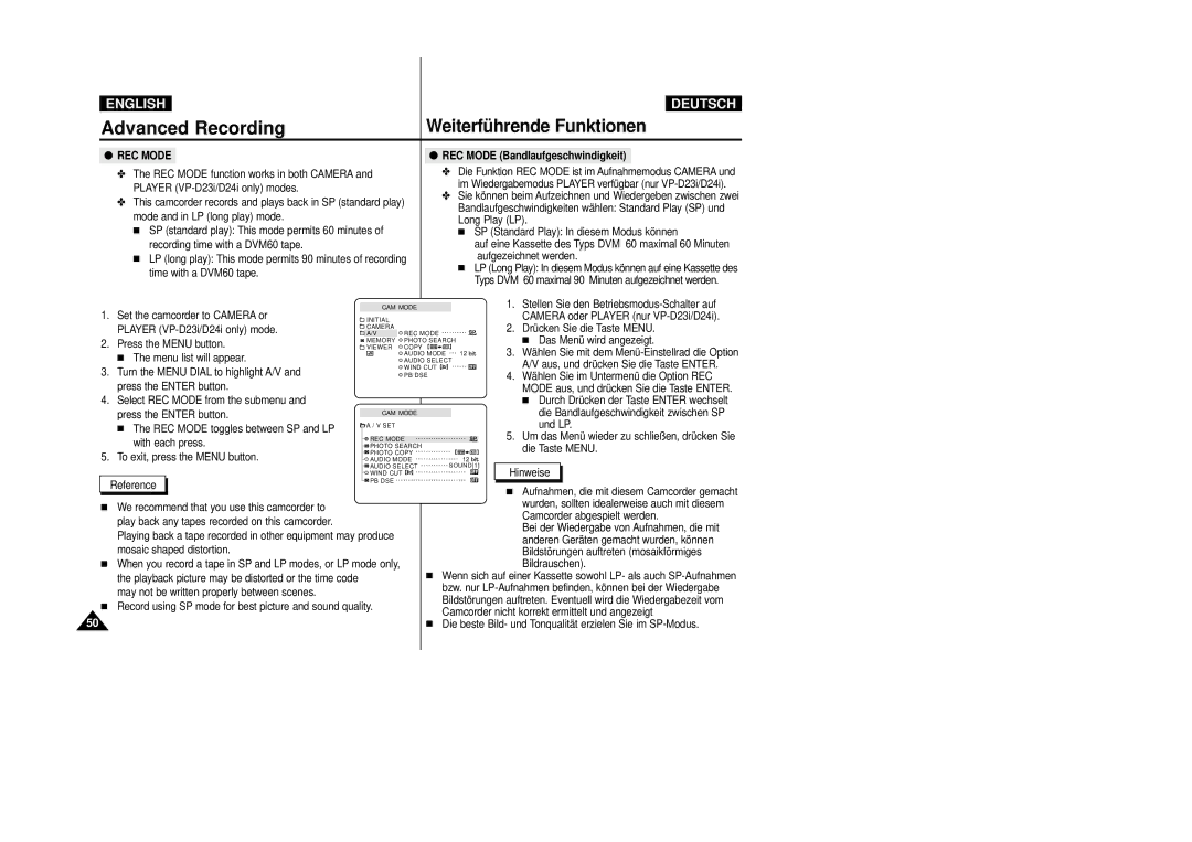 Samsung VP-D24i, VP-D23I manual REC Mode Bandlaufgeschwindigkeit 