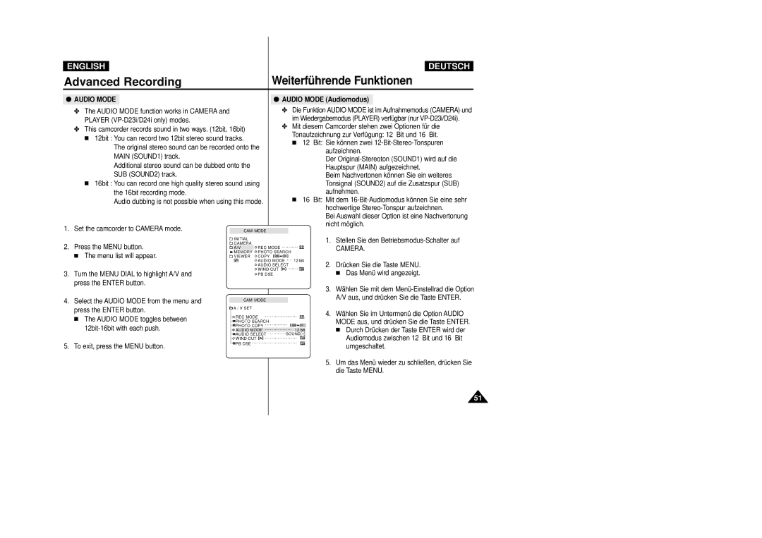 Samsung VP-D23I, VP-D24i manual Audio Mode Audiomodus 