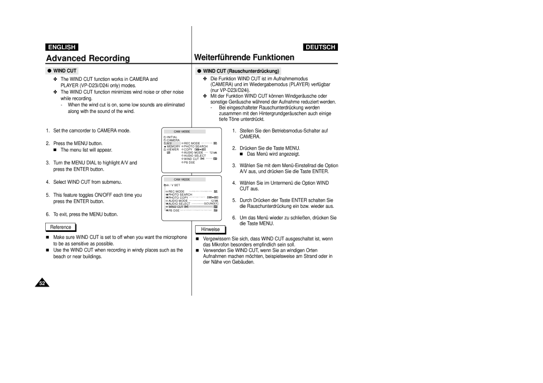 Samsung VP-D24i, VP-D23I manual Wind CUT Rauschunterdrückung, Wählen Sie im Untermenü die Option Wind CUT aus 