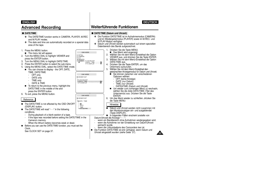 Samsung VP-D23I, VP-D24i manual DATE/TIME Datum und Uhrzeit, Time, Date/Time, Date & Time, Enter 