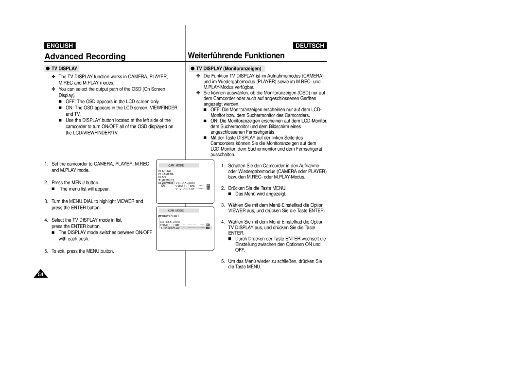 Samsung VP-D24i, VP-D23I manual TV Display Monitoranzeigen 